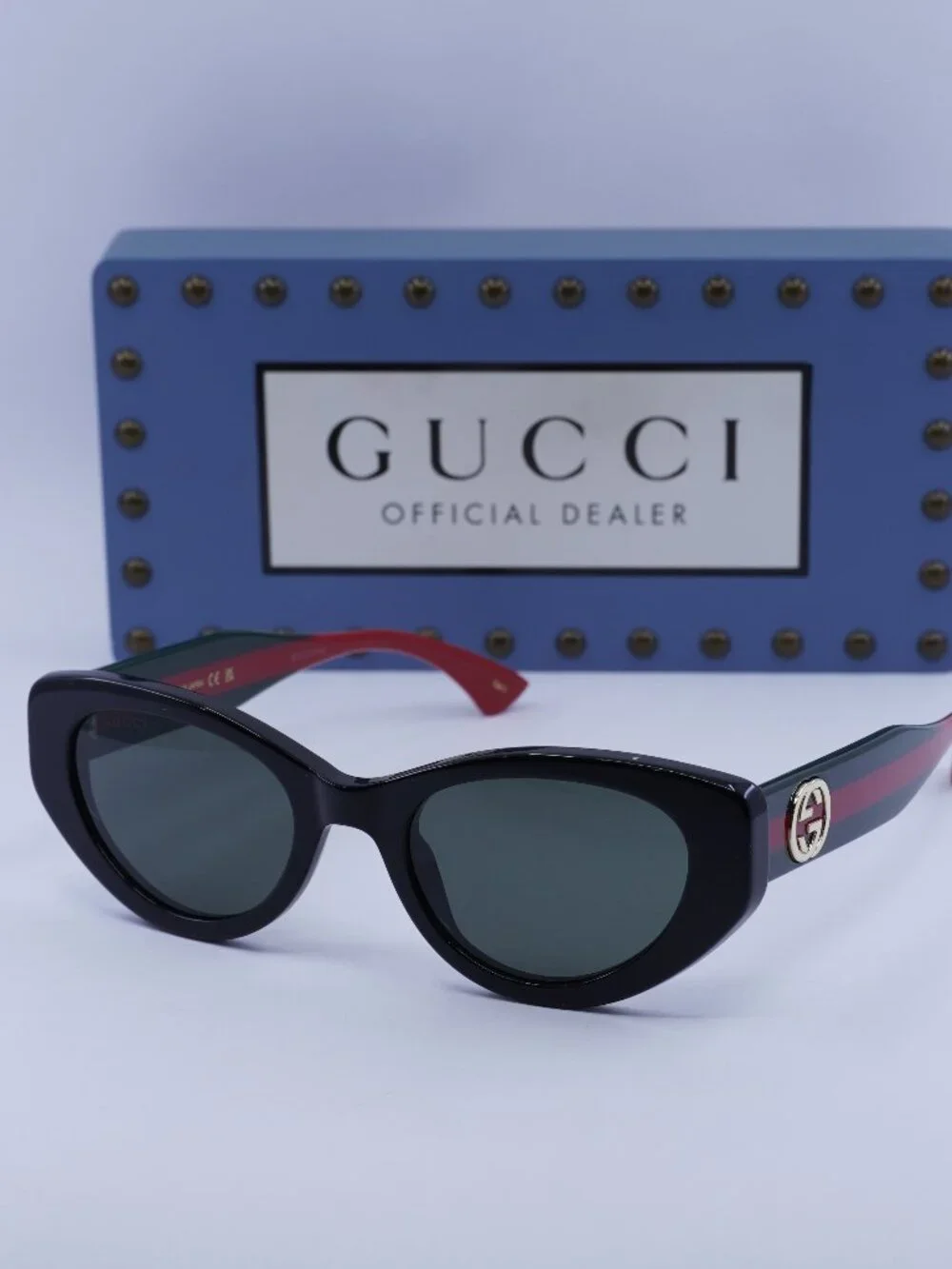 Gucci GG1862S 001 Cat Eye Sunglasses - Shiny Black/Green/Red / Grey